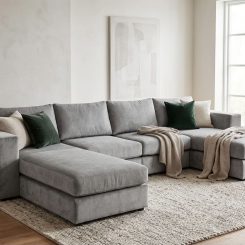 U formos pilka minkšta sofa su žaliomis dekoratyvinėmis pagalvėlėmis šviesioje svetainėje