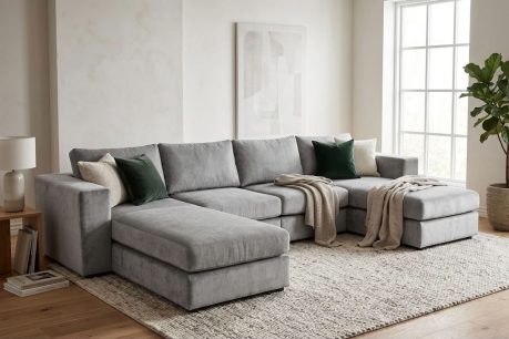 U formos pilka minkšta sofa su žaliomis dekoratyvinėmis pagalvėlėmis šviesioje svetainėje